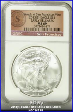 2013 San Francisco Eagle $1 EARLY RELEASE MS69 NGC 1oz 0.999 Silver 33.73m Total