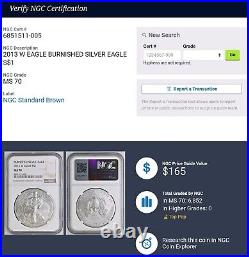 2013 W ($1) Burnished Silver Eagle 1oz Coin NGC MS70 COA & Free Shipping USA
