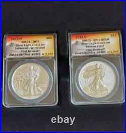 2013-W 2 Coin American Silver Eagle Set ANACS Enhanced+Reverse Proof 1st Release
