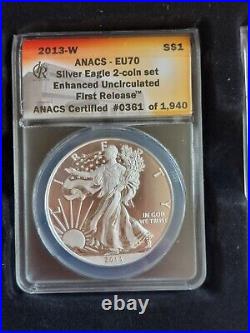 2013-W 2 Coin American Silver Eagle Set ANACS Enhanced+Reverse Proof 1st Release