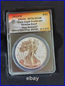2013-W 2 Coin American Silver Eagle Set ANACS Enhanced+Reverse Proof 1st Release