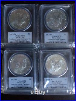 2015 FIRST DAY ISSUE 4 Coin PCGS SP70 MERCANTI Signed Burnished Silver Eagle SET