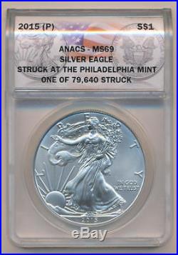 2015 P American Silver Eagle. Super Rare. ANACS MS69 Flag Label