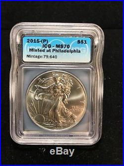 2015 (P) Silver Eagle ICG MS70 S$1 Struck at Philadelphia Mint 1 of only 79,640