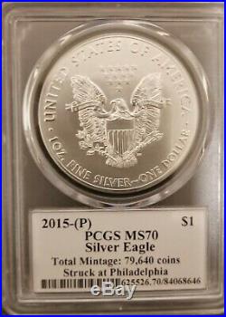 2015 (P) Silver Eagle PCGS MS70 Mercanti Signed Flag Label Total Mintage 79,640
