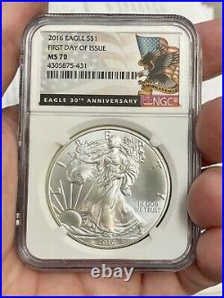 2016 $1 American Silver Eagle NGC MS70 FDOI Red White Blue 3-Coin 30th Ann Set