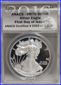 2016 Silver American Eagle $1 Coin ANACS Graded PR70 DCAM First Day if Issue