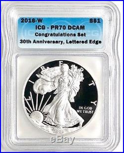 2016-W $1 Proof Silver Eagle PR70 CONGRATULATIONS SET 30th ANN Lettered Edge
