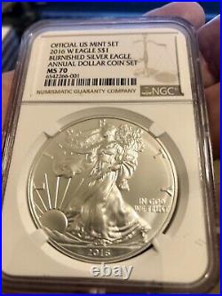 2016-W ANNUAL $1 SET burnished SILVER EAGLE NGC MS70 NGC Brown LABEL