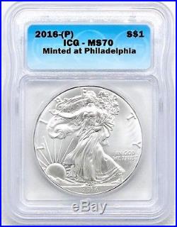 2016-(p) Silver Eagle Ms70 Struck At Philadelphia Icg Very Rare In Ms70