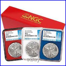2017 3pc. $1 American Silver Eagle NGC MS70 FDI First Label Red, White, and Blue