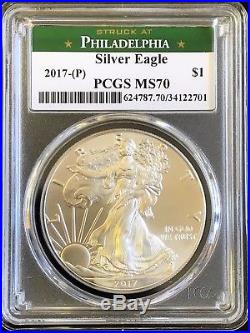 2017 (P) $1 Silver Eagle PCGS MS70 STRUCK AT PHILADELPHIA Green Philly Label