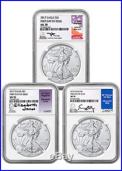 2017 Silver Eagle Set of 3 NGC MS70 First Day of Issue Signed Labels SKU45066
