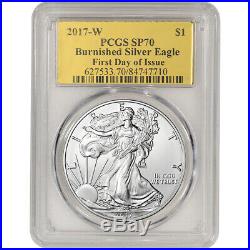 2017-W American Silver Eagle Burnished PCGS SP70 First Day Issue Gold Foil