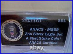 2017 (W) (P) (S) 1oz SILVER AMERICAN SILVER EAGLES. 3-COIN SET. ANACS MS 69