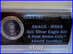 2017 (W) (P) (S) 1oz SILVER AMERICAN SILVER EAGLES. 3-COIN SET. ANACS MS 69