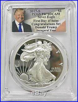 2017-s Proof Silver Eagle Pcgs Pr70 First Day Of Issue Trump Congratulations Set