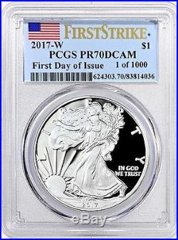 2017-w $1 Proof Silver Eagle Pcgs Pr70 Dcam Flag First Day Of Issue 1 Of 1000