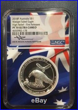 2018 $1 Australia Wedge Tailed Silver Eagle Ngc Pf70 High Relief Mercanti Sig