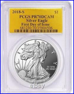 2018-S $1 Proof Silver Eagle PCGS PR70 FIRST DAY OF ISSUE GOLD FOIL POP 50