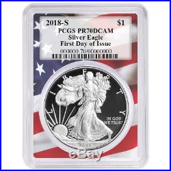 2018-S Proof $1 American Silver Eagle PCGS PR70DCAM FDOI Flag Frame