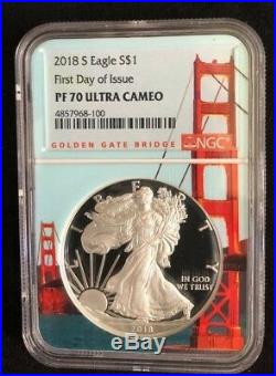 2018 S Silver Eagle FIRST DAY OF ISSUE PF70 ULTRA CAMEO BRIDGE LABEL CORE NGC