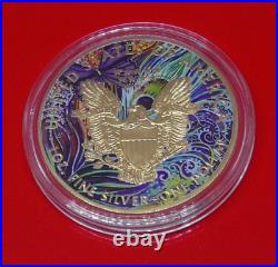 2018 Silver Colour Colorized USA American Eagle Coin Butterflies & Peacock LE500
