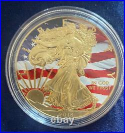 2018 USA FLAG FRONT/CONF. REAR, 1oz. COLOR/GOLD GILDED LIBERTY EAGLE SILVER COIN