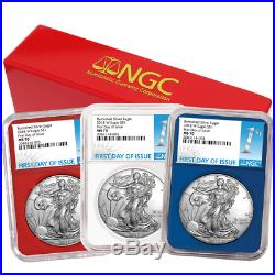 2018-W Burnished $1 American Silver Eagle 3pc. Set NGC MS70 FDI First Label Red