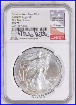 2018(W) Silver Eagle MS70 First Day Of Issue Signed By Mike Castle Burnished