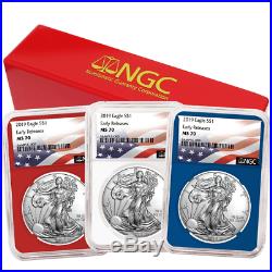 2019 $1 American Silver Eagle 3 pc. Set NGC MS70 Flag ER Label Red White Blue
