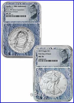 2019 Apollo 11 50th $1 Silver Eagle 2 Coin Set NGC MS70 FDI Moon Core SKU57917