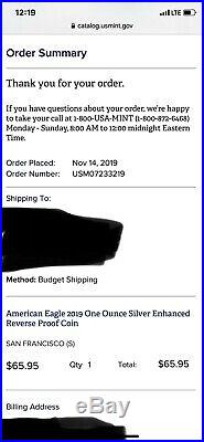 2019 S American Eagle One Ounce Silver Enhanced Reverse Proof CoinUNOPENED19XE
