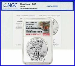 2019 S ENHANCED REVERSE PROOF SILVER EAGLE(19XE), NGC PF70 FR with COA IN HAND