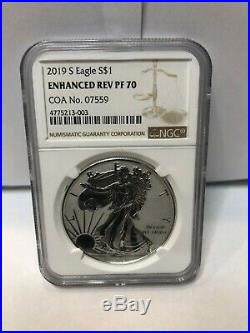 2019-S ENHANCED REVERSE PROOF SILVER EAGLE NGC PF70 with COA #07559 BROWN LABEL