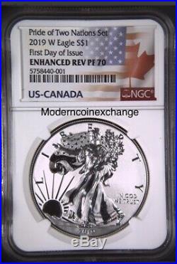 2019 W Enhanced Reverse Proof Silver Eagle NGC PF 70 Pride of Two Nations FDI