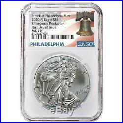 2020 (P) $1 American Silver Eagle NGC MS70 Emergency Production FDOI Liberty Bel
