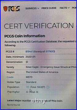 2020 (P) American Silver Eagle PCGS-MS 70 Emergency Issue D. J. TRUMP (RARE)
