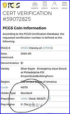 2020-P Silver Eagle PCGS-MS70 Emergency Issue FDOI Empire State Building Label