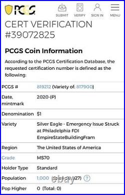 2020-P Silver Eagle PCGS-MS70 Emergency Issue FDOI Empire State Building Label