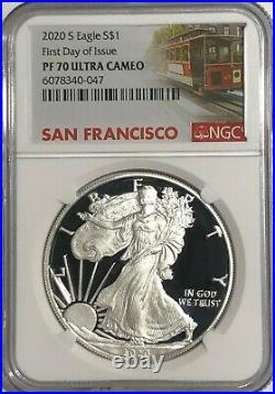 2020 S 1 Oz Ngc Pf70 Ucam First Day Of Issue Proof Silver Eagle Trolley Label