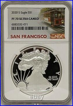 2020 S Silver American Eagle NGC PR70 Ultra Cameo San Francisco Trolley Label