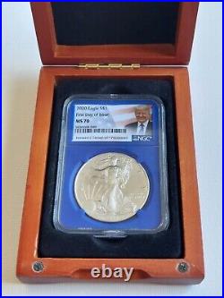 2020 Silver Eagle Coin S$1 NGC MS70 Blue-45th President Donald Trump In Wood Box
