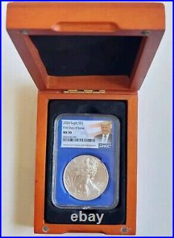 2020 Silver Eagle Coin S$1 NGC MS70 Blue-45th President Donald Trump In Wood Box