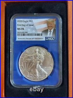 2020 Silver Eagle Coin S$1 NGC MS70 Blue-45th President Donald Trump In Wood Box