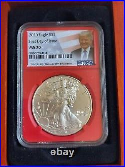 2020 Silver Eagle Coin S$1 NGC MS70 Red -45th President Donald Trump In Wood Box