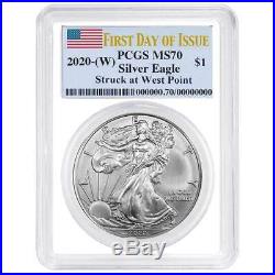 2020 (W) $1 American Silver Eagle 3 pc. Set PCGS MS70 FDOI Flag Label Red White