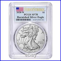 2020 W Burnished Silver Eagle PCGS SP-70 Flag Label First Strike WithOGP