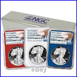 2020-W Proof $1 American Silver Eagle 3pc. Set NGC PF70UC FDI Trump Label Red Wh