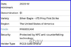 2020 W Silver American Eagle V75 Privy End Ww2 Anniv Fdi Pcgs Pr69 Dcam